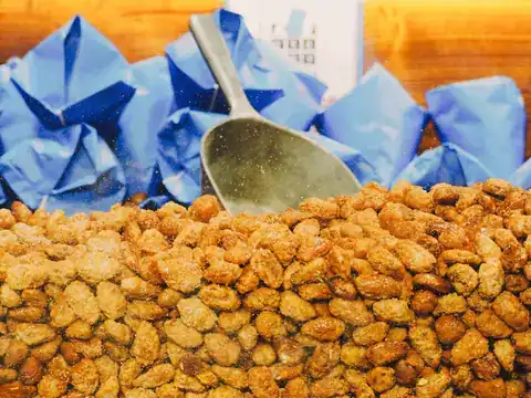 Sugar-roasted almonds piled high at a German Christmas market stall