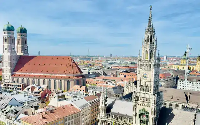 Aerial view of Marienplatz in Munich with the New Town Hall and the twin towers of the Frauenkirche