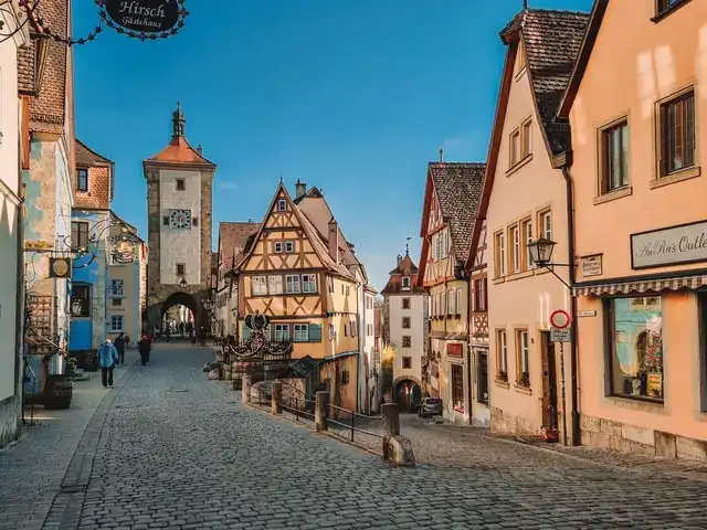 The Plönlein corner in Rothenburg ob der Tauber with half-timbered houses and a cobbled street
