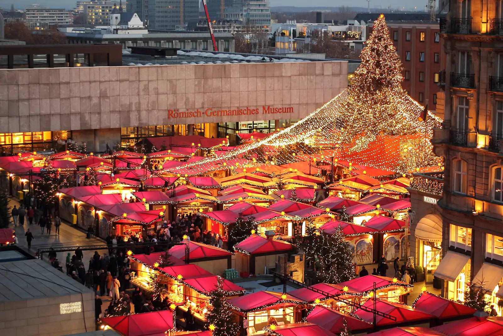 Kraampjes met rode daken en de verlichte kerstboom van de kerstmarkt op het Roncalliplatz in Keulen bij schemering