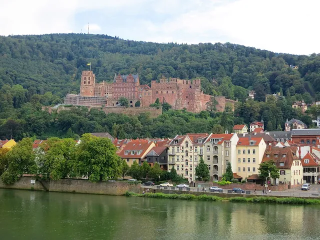 Las ruinas de arenisca roja del castillo de Heidelberg en la colina boscosa sobre el casco antiguo